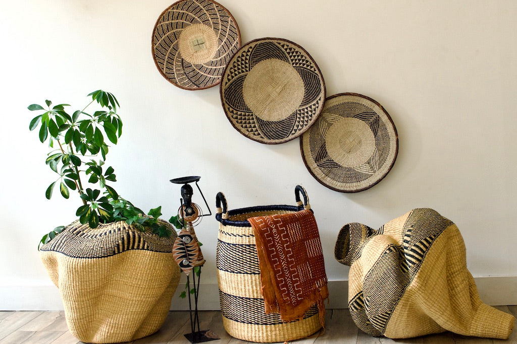 Neutral coloured handmade baskets with Bogolan fabric
